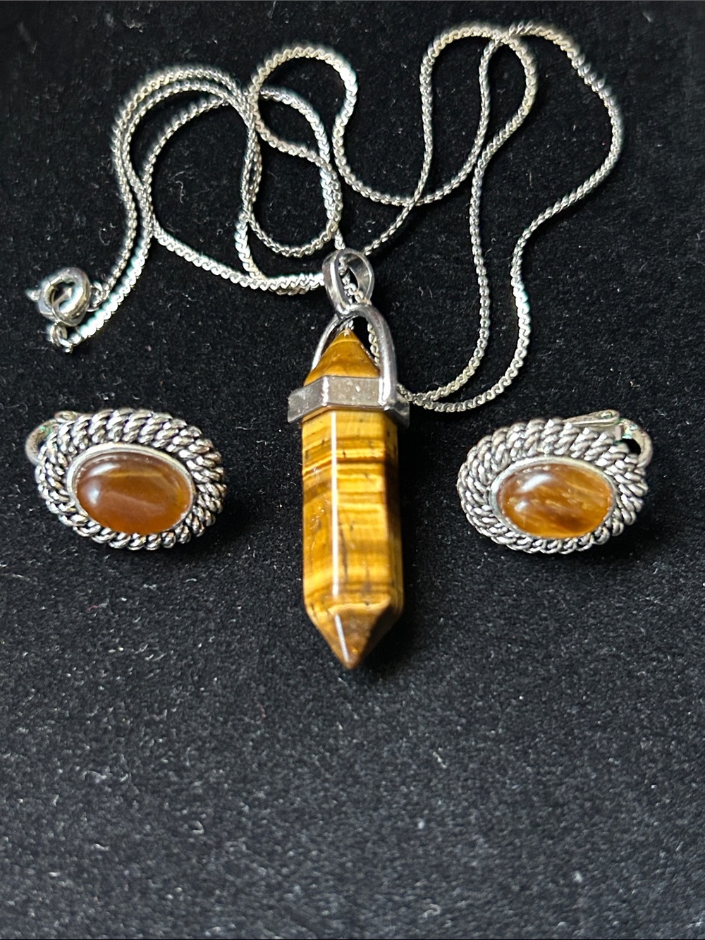 Tiger Eye stone hexagonal pendant necklace & vintage Avon SP Tiger Eye Clip ons
